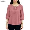 ZANZEA Blusa informal holgada de color liso con cuello redondo y mangas 3/4 para mujer