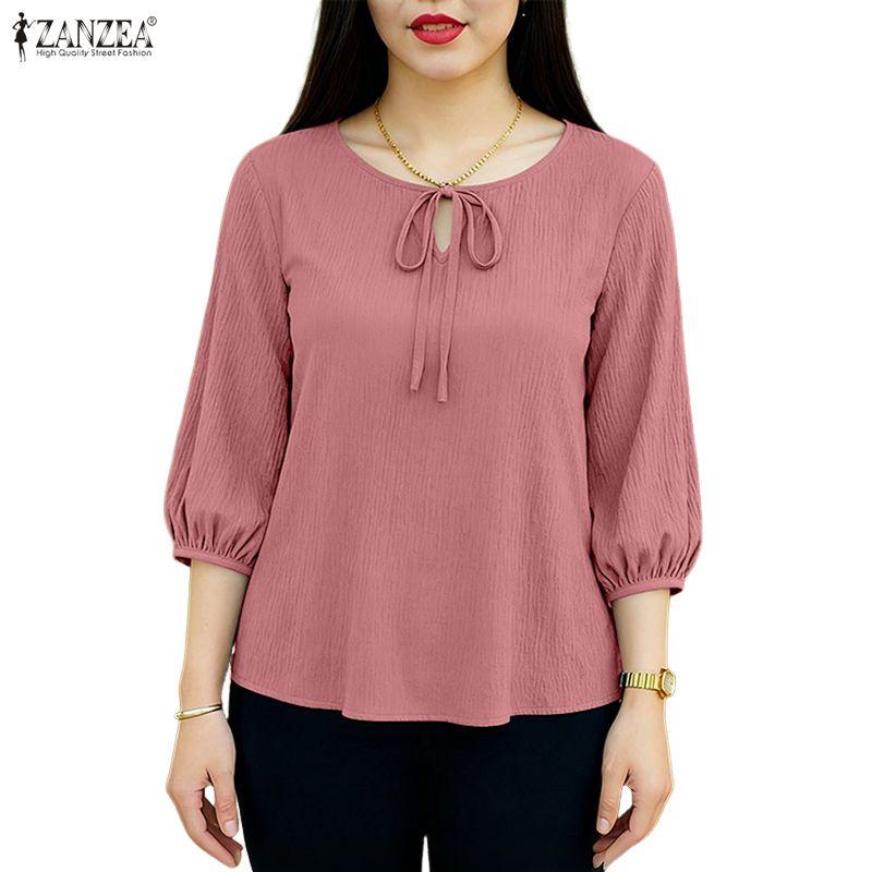 ZANZEA Blusa informal holgada de color liso con cuello redondo y mangas 3/4 para mujer