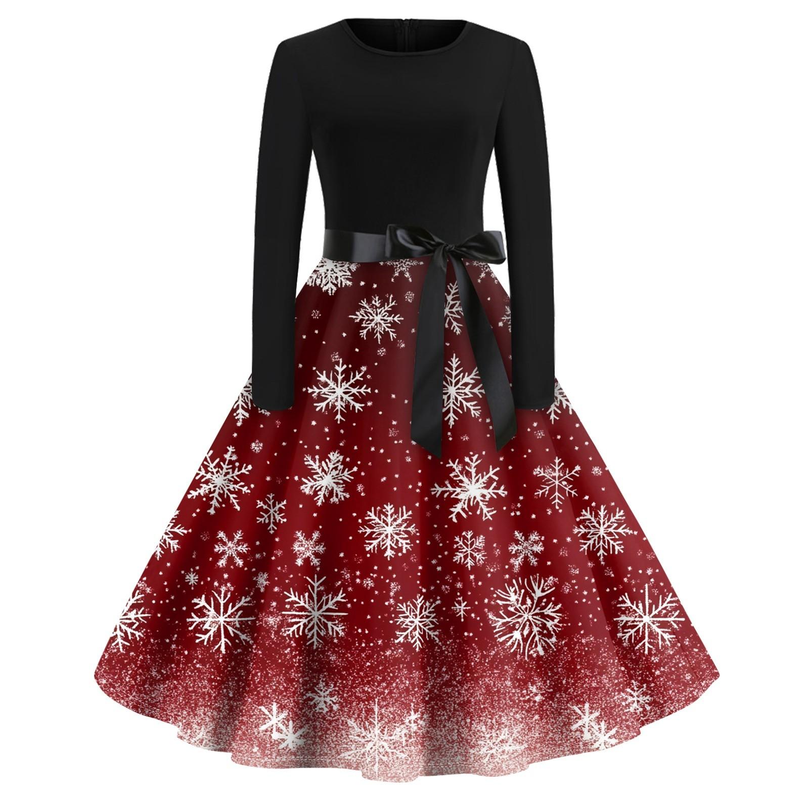 Женское винтажное классическое платье с длинным рукавом и рождественским принтом — фото 9