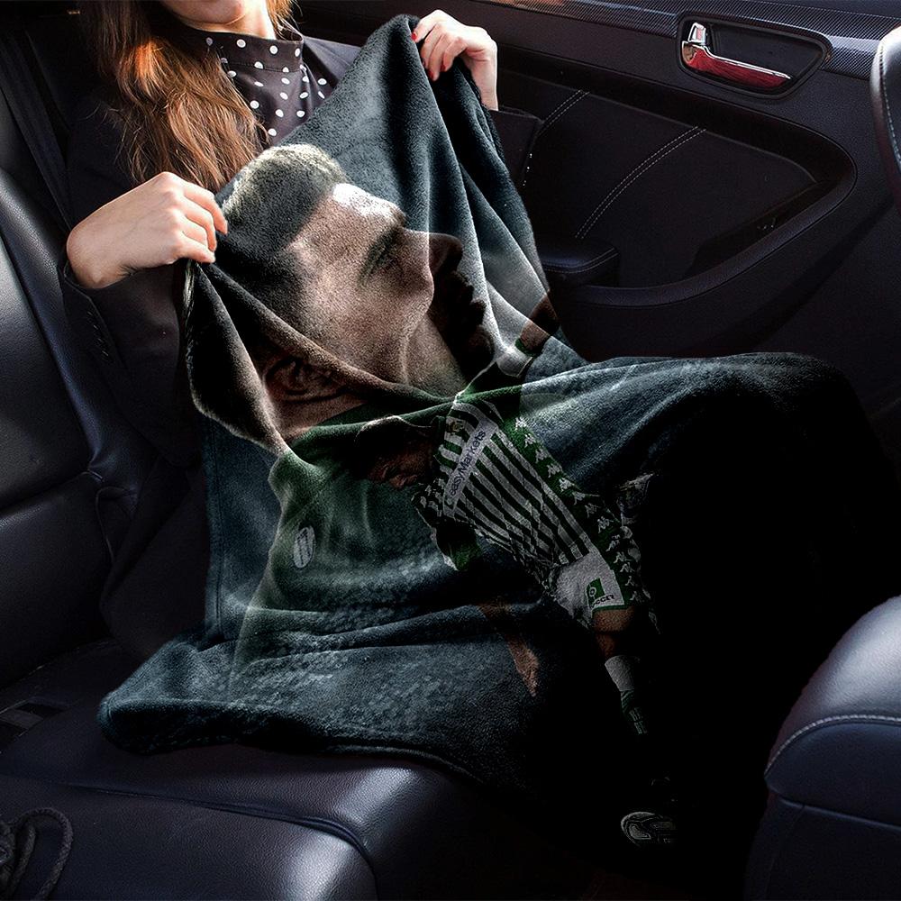 Green White Striped Jersey Football Player Portrait Print Flannel Throw Blanket, Soft Warm Cozy Bed Sofa Cover for Home
