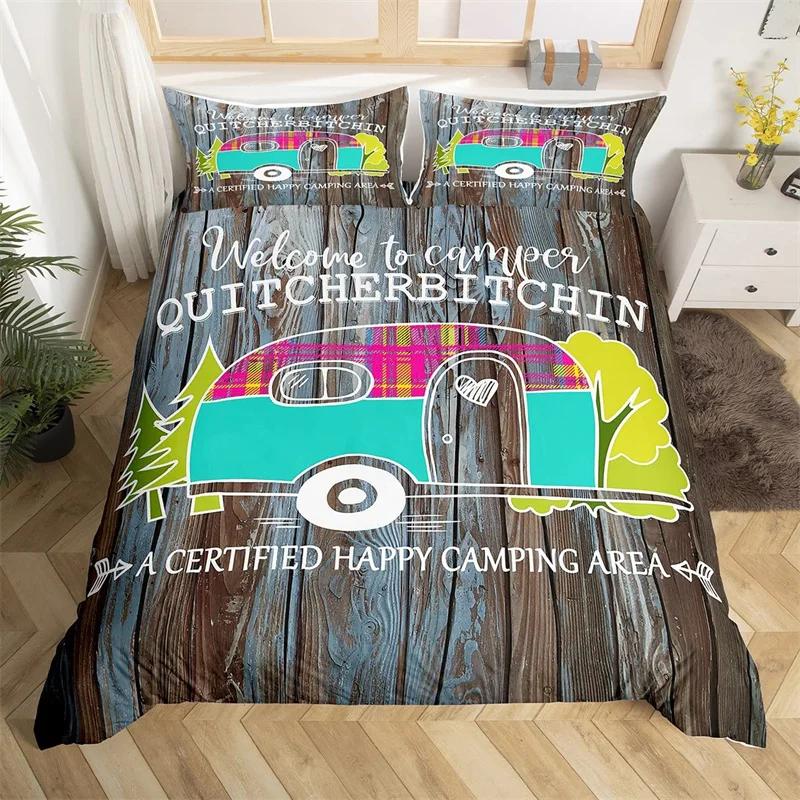 Camper Bedding Set Vintage Cabin Twin Full King Duvet Cover Cartoon Camp Travel Car Quilt Cover Farmhouse Style Comforter Cover