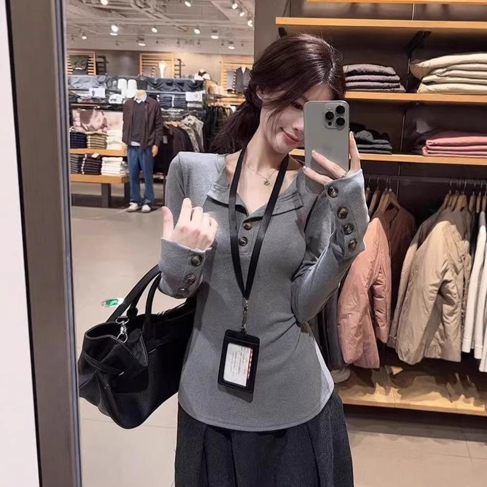 Guzikowy Top z Długim Rękawem, Dopasowany, w Koreańskim Stylu