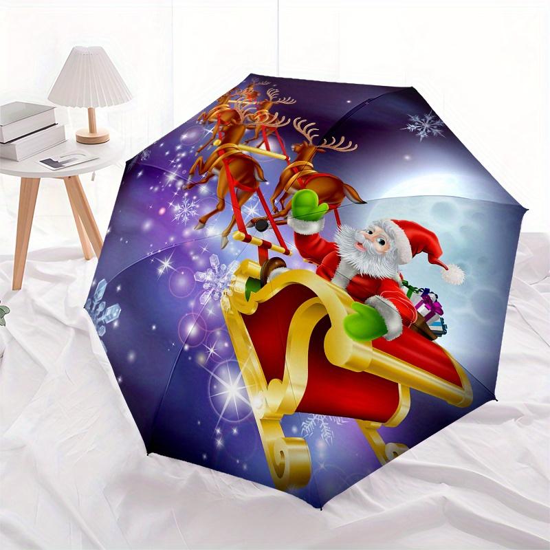 Santa Claus Christmas Sleigh Reindeer Decorative StickerUmbrella, Portable 3-Fold Compact Umbrella,Christmas Gift ES413