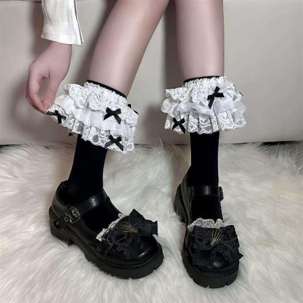 Bowknot JK Knee High Socks Ballet Style Ruffle Uniform Socks Lolita Lace Stockings Japanese Style