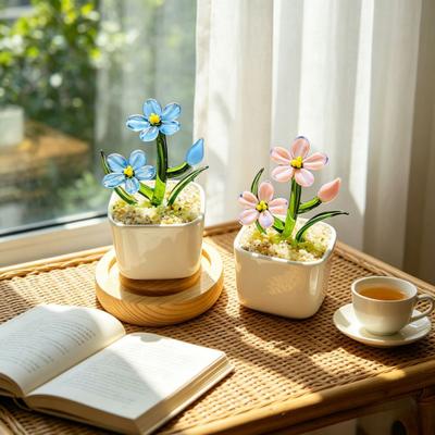 Mini Hand Blown Glass Artificial Flower Handmade Forget-Me-Not Flower Figurine In Pot Faux Crystal Flower Ornament Gifts for Women On Mother's Day