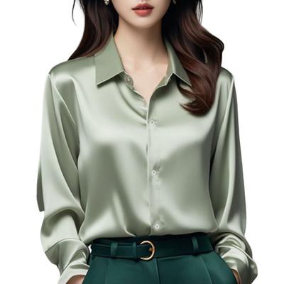 Women Shirt Solid Color Smooth Satin Long Sleeve Lapel Casual Tops Single Breasted Franch Style Office Shirt