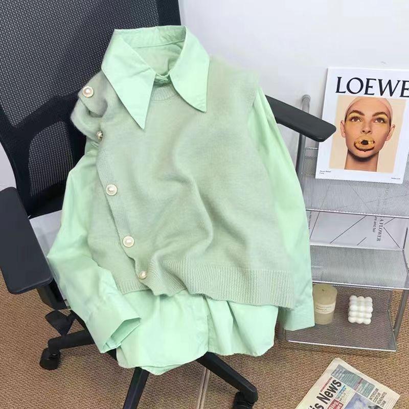 Spring and Autumn Women's Candy Color Knit Vest Shirt Two Pieces Button Polo Neck Long Sleeve Autumn Winter Ladies Shirts