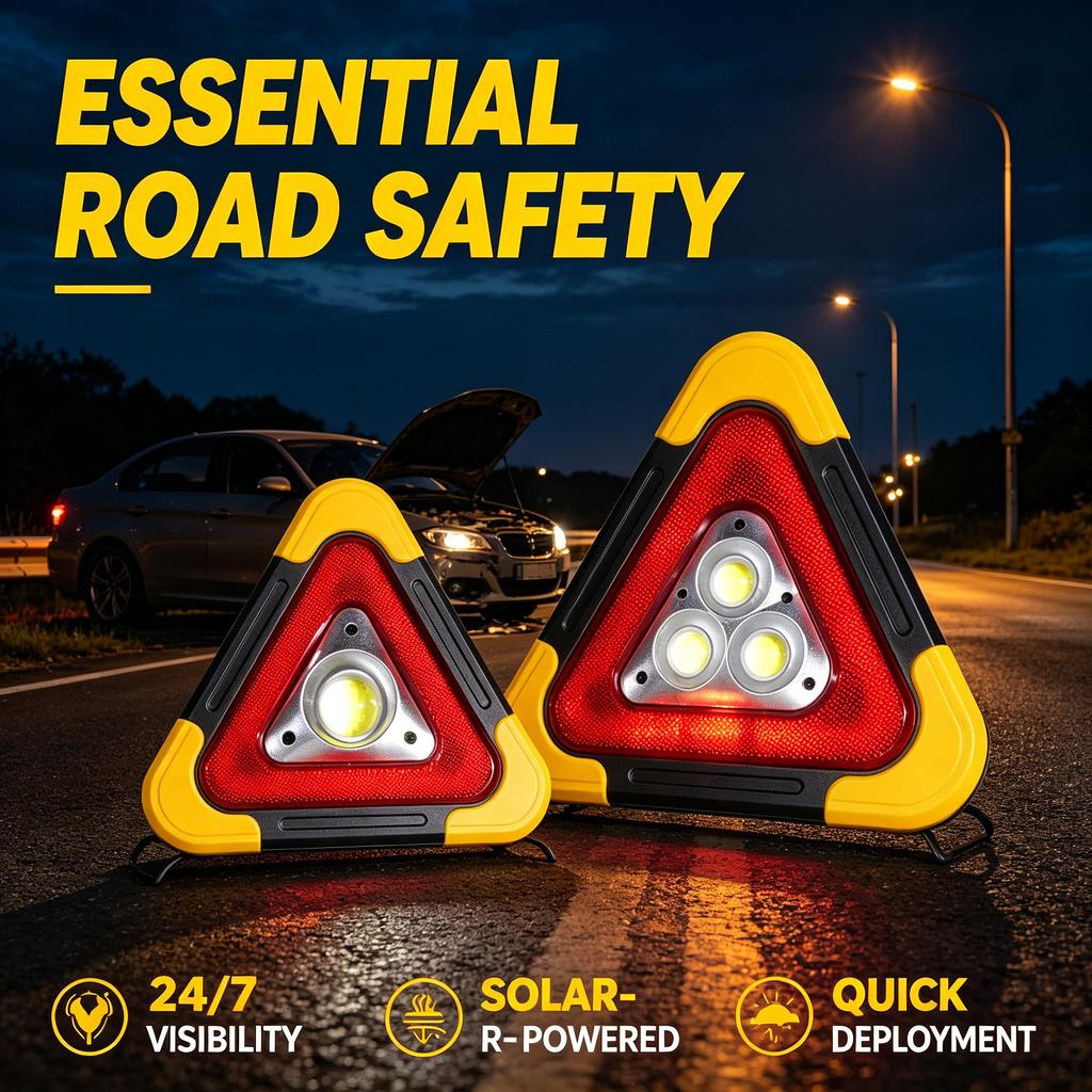 Triángulo de advertencia para coche con luz LED solar y señal de emergencia reflectante