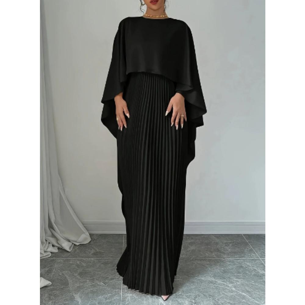 Women's Round Neck Cape Batwing Sleeve Two Piece Maxi Dress Loose Fit Mid Waist Pleated Irregular Elegant Formal Evening Gown