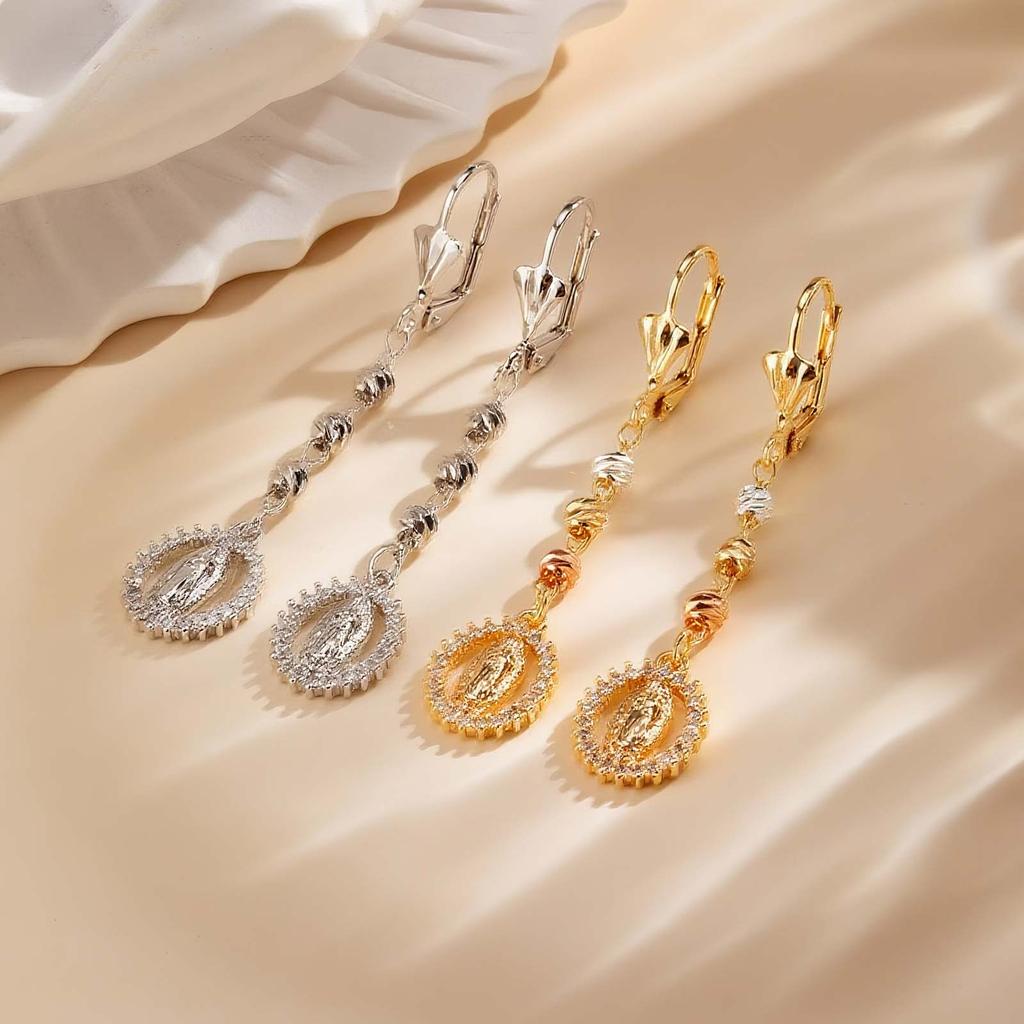 Vintage Religious Virgin Mary Drop Earrings for Women, 14k Gold Plated Zircon Long Dangle Earrings,Hypoallergenic Prayer Jewelry