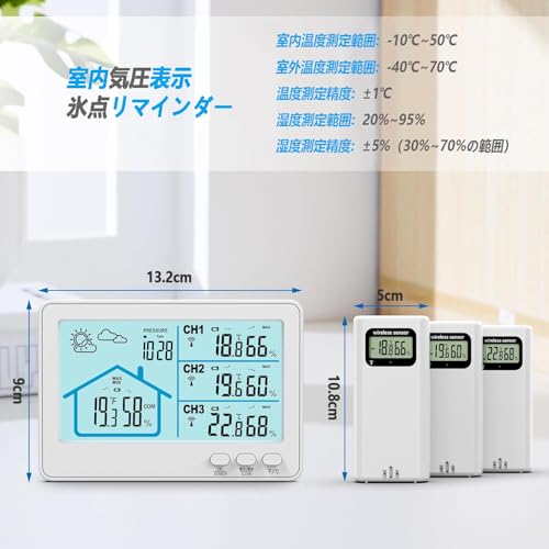 Timloon Digital Thermometer & Hygrometer, Indoor/Outdoor Wireless Thermometer & Hygrometer, 3 Sensors, Weather Forecast/Barometric Pressure Display/La