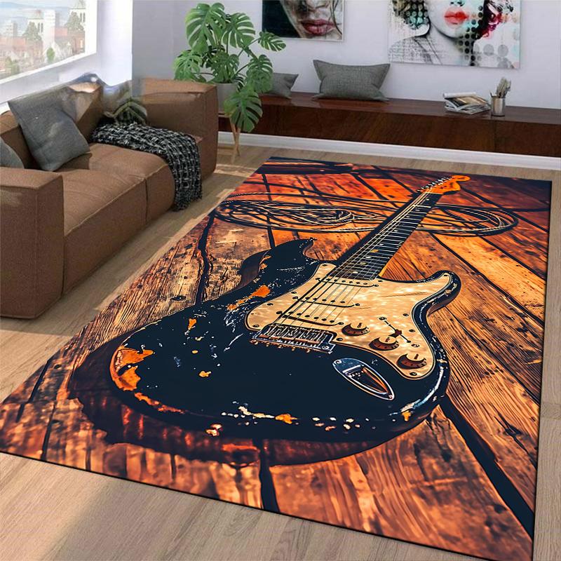 Electric Guitar Art Print Carpet with Rustic Wooden Background Design Suitable for Use As an Anti-slip for Living Room Bedroom Sofas