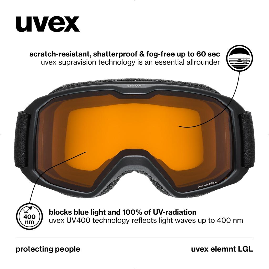 Uvex Ski and Snowboard Double Glasses Element Free Size Children's Goggles, Lens, Anti-Fog, Compatible, LGL, Black,