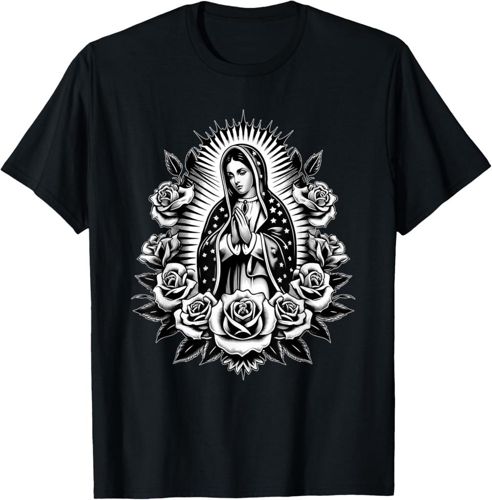 Virgin Mary Guadalupe Roses Graphic T-Shirt Religious Catholic Virginita Floral Print Tee Men Casual