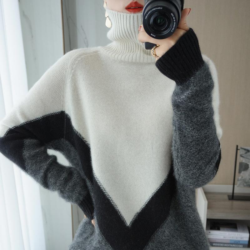 High Collar Color Blocking Bottoming Sweater Women's Autumn and Winter Pullover Loose Outer Wear Knitted Sweater