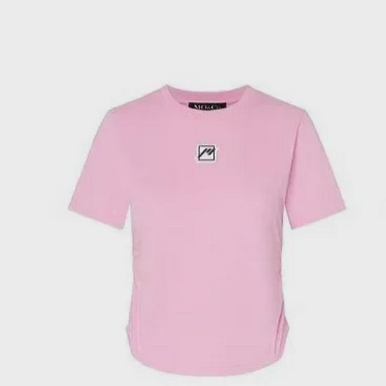 MO*CO Damen 2025 Frühling/Sommer Gummi-Patch Cropped T-Shirt - Kurzarm, Rundhalsausschnitt, Geraffter gebogener Saum