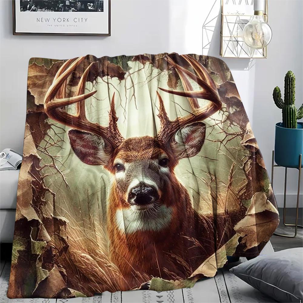 1Pc Deer in Forest Print Flannel Blanket, High quality Comfortable for All Seasons, Home Decor, Warmth and Comfort, Perfect for Gifts