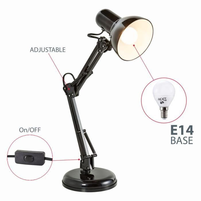Lampe de bureau - b.k.licht - draco - led - noir - design rétro orientable