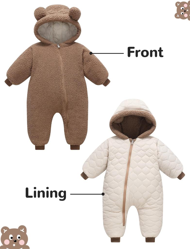 AIEOE Newborn Baby Long Sleeve Down Baby Bear Front Easy Baby Baby Shower Size 90 Jumpsuit, Romper, Hooded, Autumn/Winter, Coverall, Warm,
