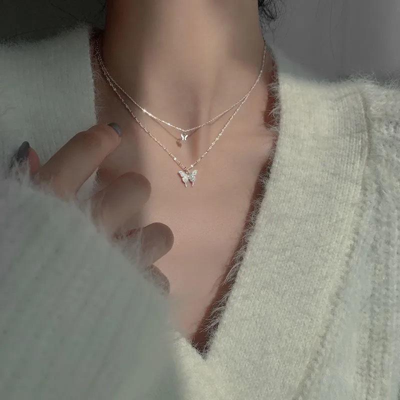 Sparkling Double-Layer Butterfly Necklace - 2021 Trendy Korean Choker with Cool Style Clavicle Chain