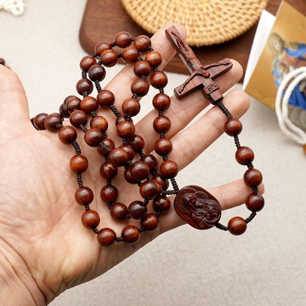 Religious Wood Beads Necklace with Storage Bag Crucifix Pendant Chain Handmade Rosary Necklace  Men