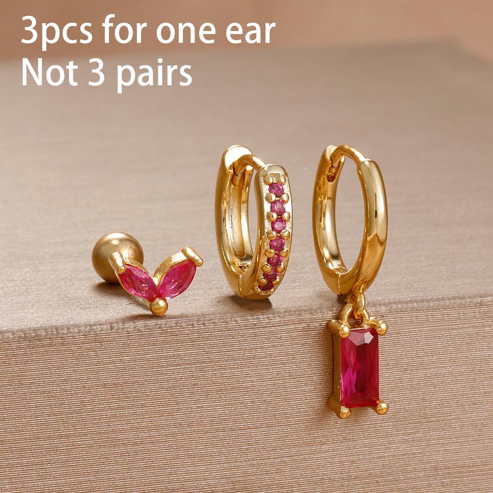 3PCS Rose Red Cubic Zircon Stainless Steel Hoop Earrings Set 18K Gold Plated Huggie Pendant Piercing Earring Women's Jewelry