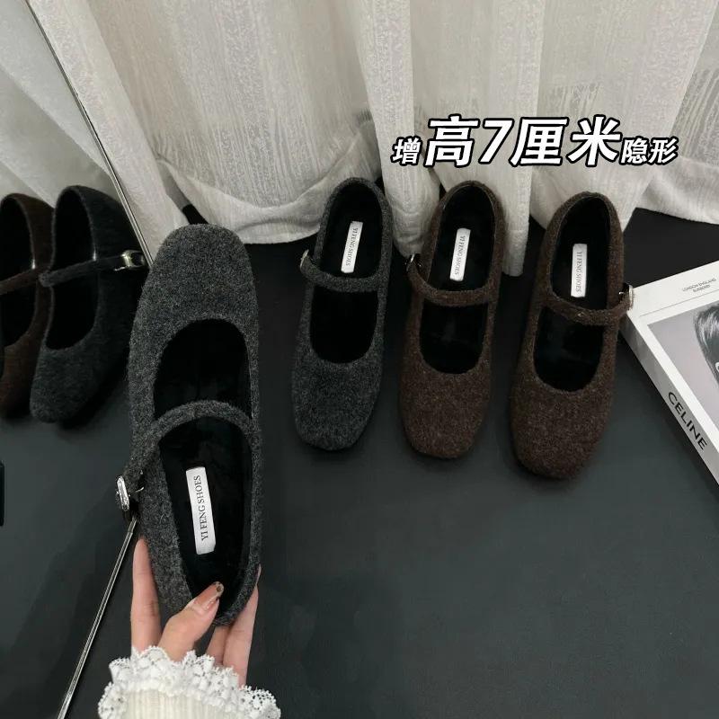 Sapatos retrô de lã com aumento interno de altura, bico quadrado com salto alto grosso, Mary Jane, sapatos de boca leve