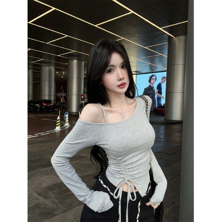 Sweet & Spicy Korean One-Shoulder Drawstring Long-Sleeve Slim Fit Women's T-Shirt - Autumn Collection