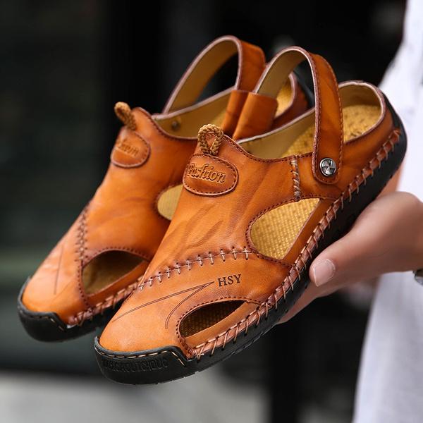Men's Fashion Casual Shoes Genuine Leather Sandals Outdoor Flat Shoes Beach Sandals Breathable Loafers Plus Size 38-48