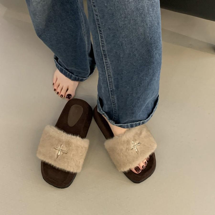 

Cross fleece thick bottom flat bottom one word fairy fluffy slippers outer wear female spring and autumn new casual warm mop 35
