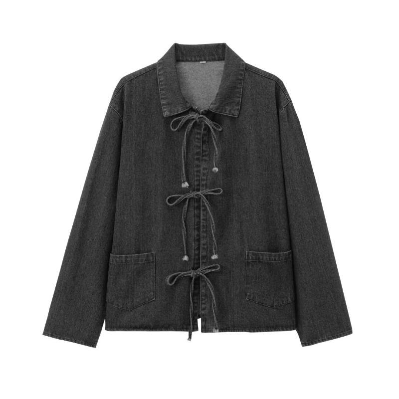 Women Turn Down Collar Bow Decor Long Sleeve Denim Shirt Jacket