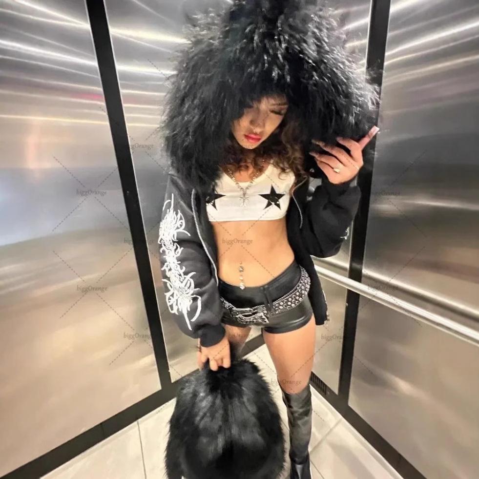 2024 Bad Boy Influencer Cárdigan con Capucha y Cremallera con Cuello de Piel - Nueva Parte Superior Estampada para Chica Hot