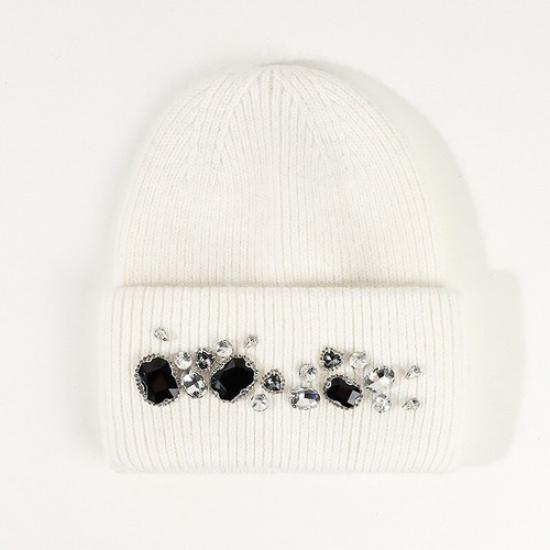 Women Rhinestone Knitted Hat Warm Ski Beanie Cap Crystal Beads Decor Winter Hat