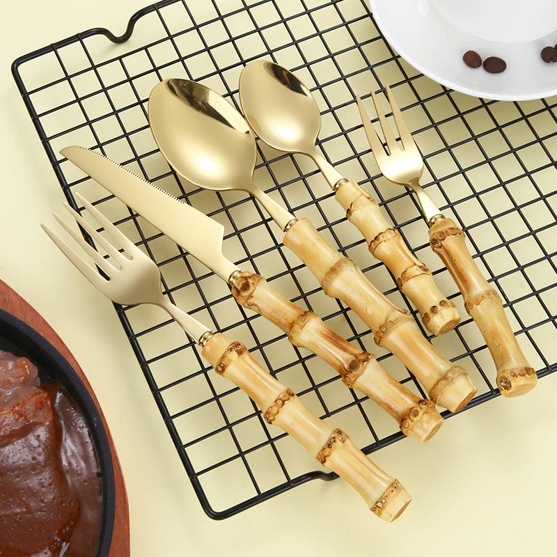 304 Stainless Steel Dinner Knife, Fork, Dessert Spoon, Natural Bamboo Handle Dinnerware Sets, Western Style Steak Cutlery Set