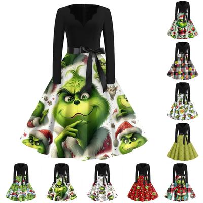 Damenmode V-Ausschnitt Lässig Slim-fit Weihnachts-Print Langarmkleid