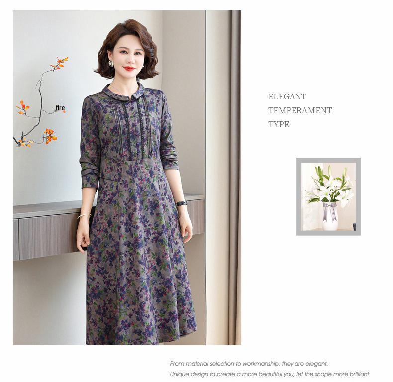 2026 Spring Retro Print Long Sleeve Knee-Length Dress for Middle-Aged and Elderly Moms - Stylish and Elegant Skirt