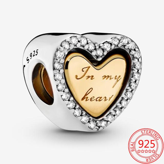 Authentic 925 Sterling Silver Dome Gold Heart Pendant Charm Fit Original Fashion 3mm Bracelet Diy Beaded Jewelry Gift Making