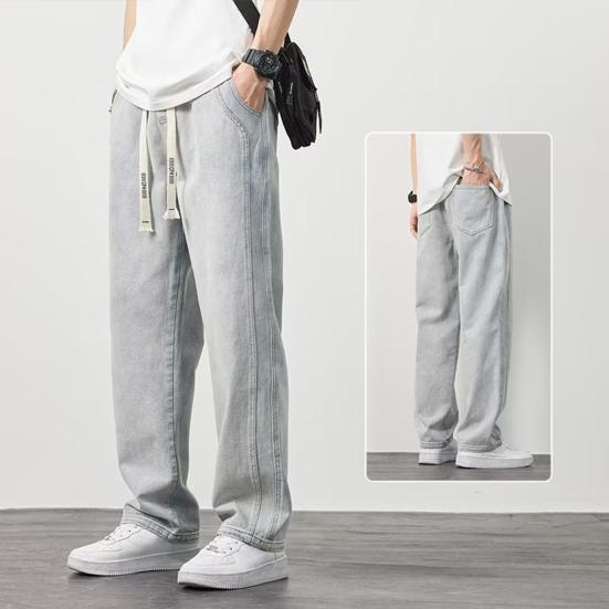 Calça jeans masculina de verão, cintura elástica, cordão ajustável, calça jeans com bolsos, cor sólida, perna larga, calça casual