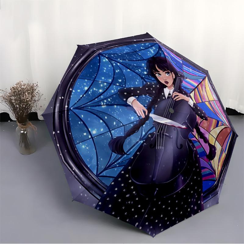 1pc Wednesday Addams Automatic Open/Close Folding Umbrella, Windproof 8-Rib Construction, Lightweight Travel Umbrella A0903206