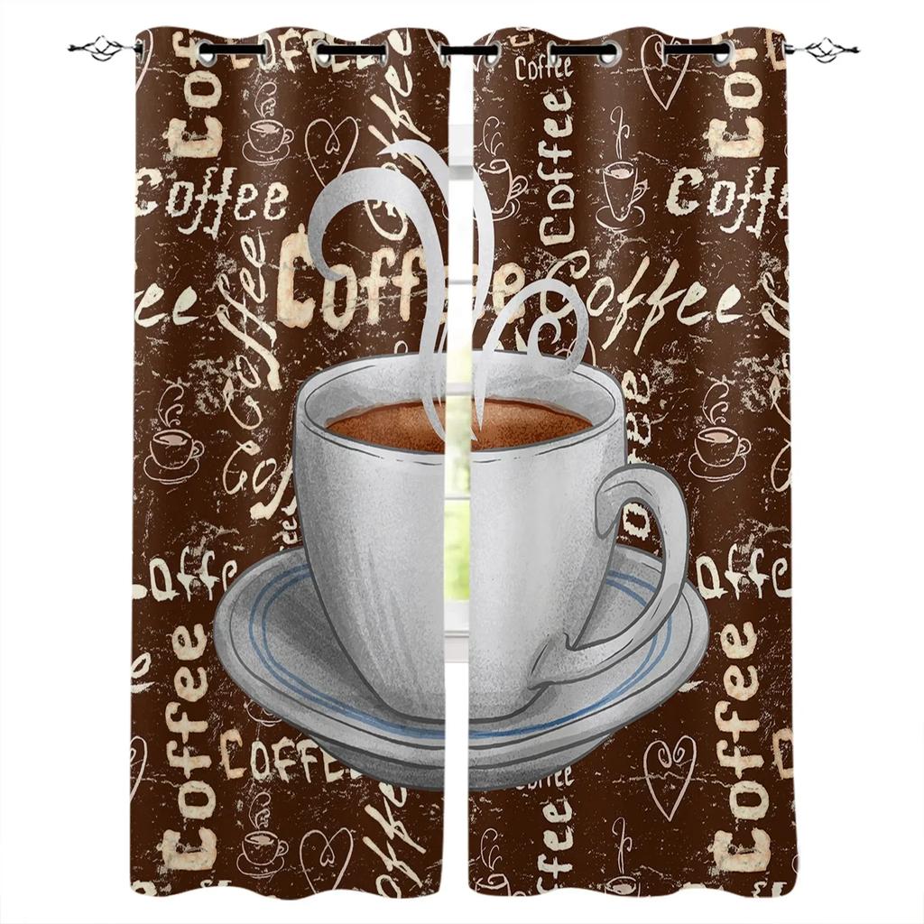 2panels Coffee Text Graffiti Black Background KitchenWindow Curtain for Living Room Bedroom Home Decor Kitchen for Window Drapes for daily use