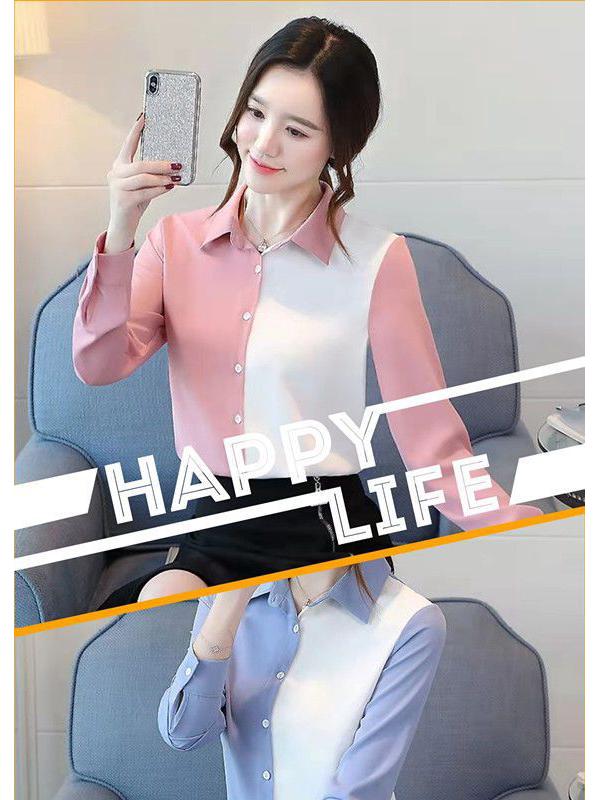Women's Color Block Long Sleeve Chiffon Blouse - Korean Style, Spring/Autumn Versatile Loose Top