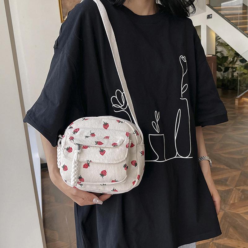 Cute Strawberry CorduroyShoulder Bag Casual Zipper Trendy Crossbody Bag Tote Handbag for Women Girls Travel Work Messenger Bag CLE
