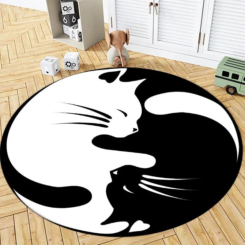 Black Cat and White Cat Couple Round Rug Cute Cartoon Kitten Circle Carpet Home Armchair Floor Mat Living Room Bedroom Decor Mat