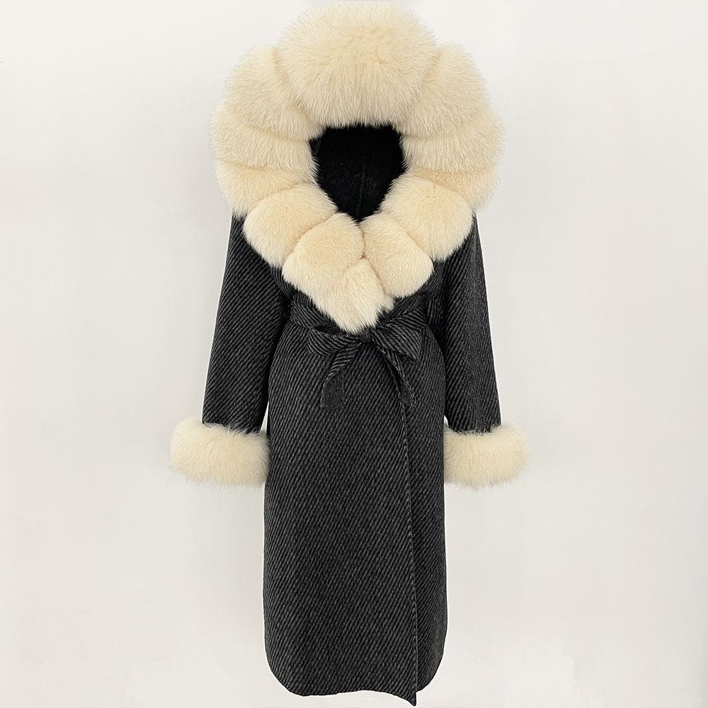 OFTBUY Autumn Winter Women Coat Real Natural Fox Fur Collar Hooded Double-faced Woolen Blends Jacket Thick Warm Casual Overwears