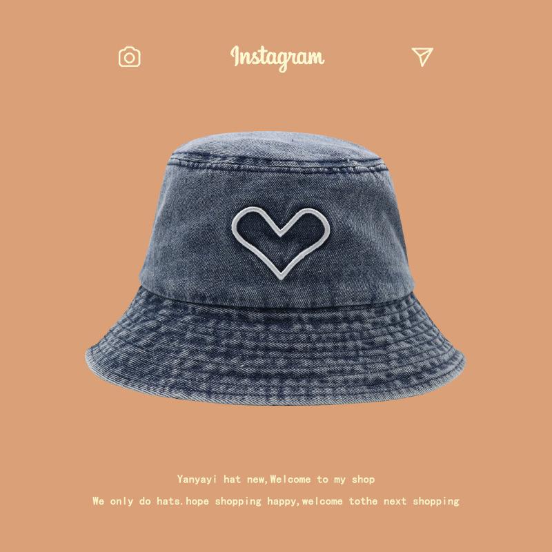 

ins love вишивка ретро джинсовий рибальський капелюх дитяча весняно-літня мода універсальний сонцезахисний крем капелюх для раковини M（56-58cm） темно-синього кольору