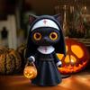 Halloween Nun Cat Statue Black Cat Figurine with Pumpkin Bucket Gothic Witchy Decor Fantasy Collectible Sculpture for Cat Lovers