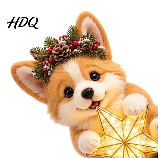 Cute Puppy Ornament Dog Christmas Tree Topper with Light Warm LED Star Plush Decoration Universal Base for Pet Lover Unique