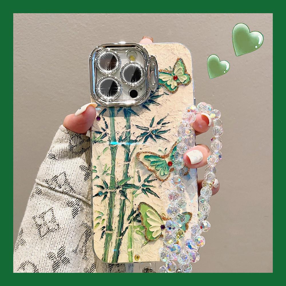 with Invisible lens bracket protective film Phone Case For iPhone 15 14 Plus 11 12 13 Pro Max 12pro 14pro Green Bamboo Butterfly Pattern Back Cover