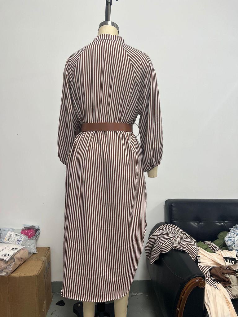 European and American Women's V-Neck Striped Belt Shirt Dress - Autumn 2025 Fashion