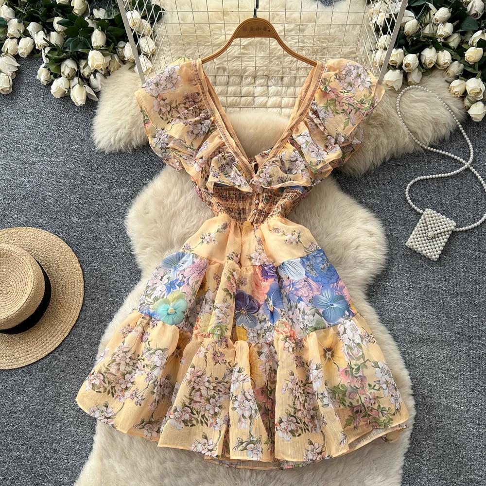 Floral sleeveless waist dress women's summer ruffle edge V-neck high waist A-shaped skirt commuter pink skirt